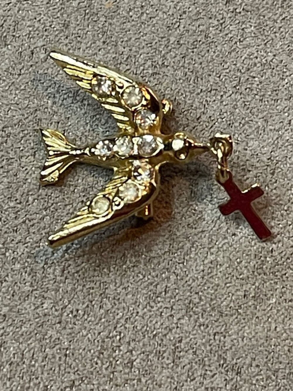Vintage 70s Boho Gold Tone Dove Rhinestone Brooch Dangling Cross Charm